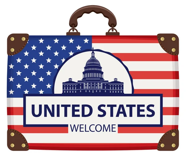 Vektör Capitol binası Washington Dc, ABD, Amerikan Ulusal Simgesel Yapı ile afiş bavul Amerikan bayrağı renkleri ile seyahat. Amerika Birleşik Devletleri yazıt hoş geldiniz