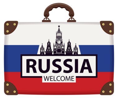 Vektör Kızıl Meydan, Moskova, Rusya üzerinde afiş bavul Kremlin ile Rus bayrağı renkleri ile seyahat. Yazıt Rusya hoş geldiniz