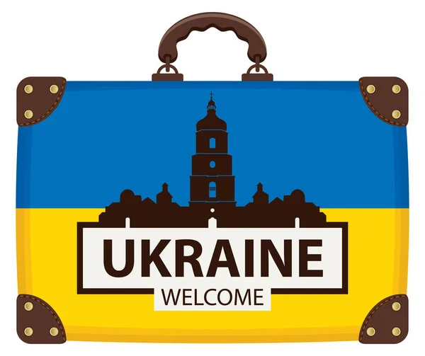 Vector Reizen Banner Met Koffer Kleuren Van Vlag Van Oekraïne — Stockvector