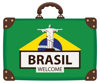Vektör seyahat bavul Brezilya bayrağı renkleri ile Rio de Janeiro, Brezilya için Kurtarıcı İsa heykeli ile banner. Yazıt Brezilya hoş geldiniz