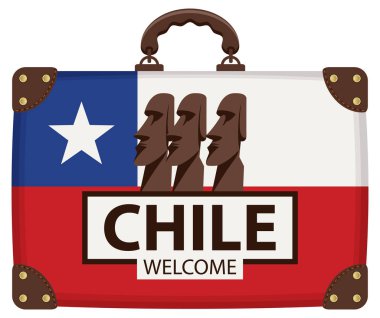 Vector travel banner with suitcase in colors of Chili flag with The Moai statues of Easter island, Polynesia, Chili. Stone idols of Rapa Nui island. The inscription Chili welcome clipart