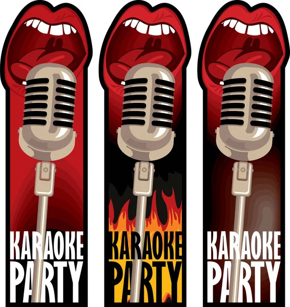 Conjunto Pegatinas Para Una Fiesta Karaoke Con Micrófono Una Boca — Vector de stock