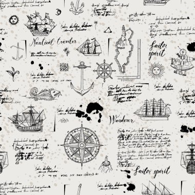 Vektör sorunsuz arka plan Tema seyahat, macera ve keşif. Caravels, Rüzgar gülü, çapa ve diğer deniz sembolleri ile eski el yazması engelliyor ve vintage tarzı lekeleri