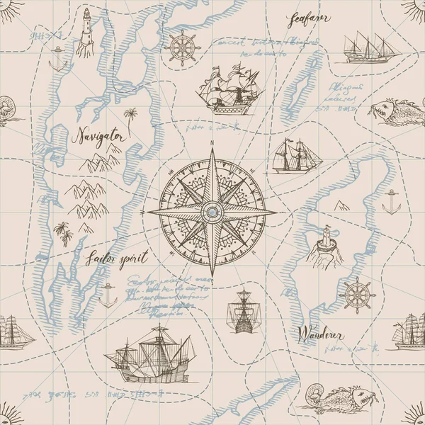 ベクトル旅行 冒険と発見をテーマに抽象的なシームレスな背景 手書きの碑文 航海記号ロウツ ウィンド ローズ ビンテージ セーリング ヨットで古い手描きの地図 — ストックベクタ