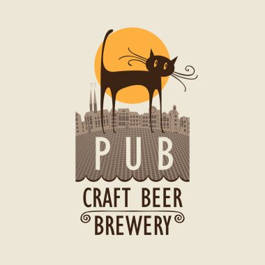 Vektör afiş için bira pub ile kedi arka planda bir retro tarzı eski şehrin ve kelime zanaat bira, bira fabrikası ile