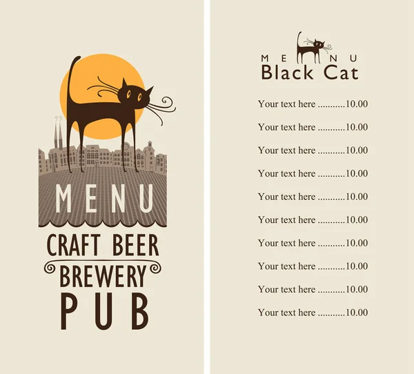价格表和封面的啤酒酒吧的矢量菜单复古风格的老镇背景上的黑猫和用词工艺啤酒 啤酒厂 — 图库矢量图片
