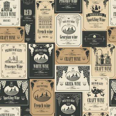 Şarap çeşitli şarap etiketleri ile tema retro tarzı üzüm, manzara, Şaraphane, kaleler, yelkenliler, meyve ve diğer görüntülerle vektör seamless modeli