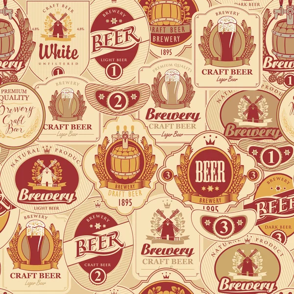 Patrón Sin Costura Vectorial Sobre Tema Cerveza Con Varias Etiquetas — Vector de stock