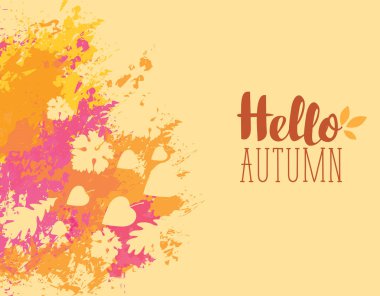 Vektör afiş ile sonbahar yaprakları, renkli soyut noktalar ve yazıt Merhaba sonbahar. Afiş, davetiye, Etiketler, el ilanları için kullanılabilir