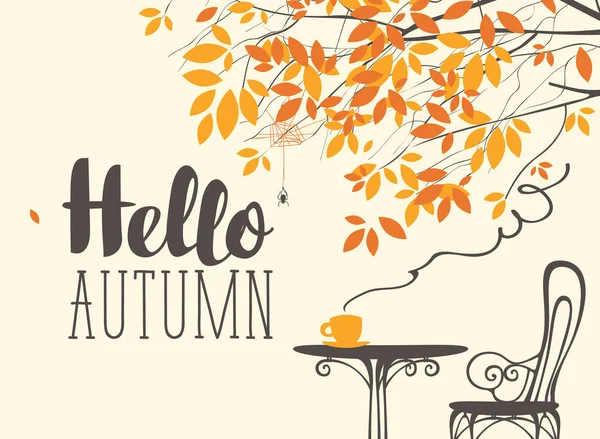 Vector Landscape Retro Style Autumn Theme Inscription Hello Autumn Cup — Stock Vector