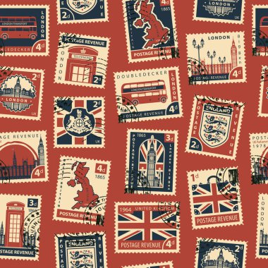 Retro posta sorunsuz arka plan. Posta pulları ve posta damgaları retro tarzı ile İngiltere ve Londra konulu vektör seamless modeli. Duvar kağıdı veya ambalaj kağıt kullanılabilir