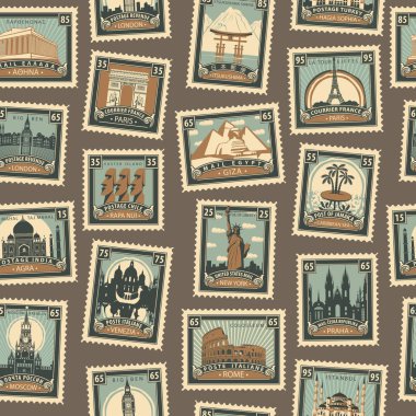 Retro posta sorunsuz arka plan. Vektör seamless modeli seyahat Tema posta damgaları ve pulları retro tarzı ile farklı ülkelerden. Duvar kağıdı veya Ambalaj Kağıt kullanılabilir