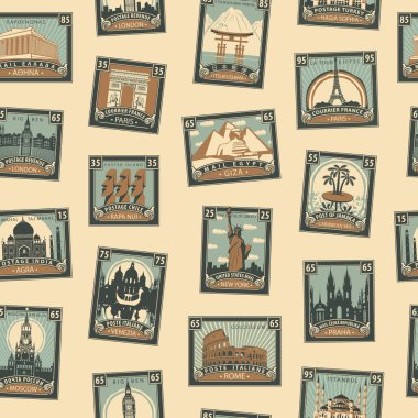 Retro posta sorunsuz arka plan. Vektör seamless modeli seyahat Tema posta damgaları ve pulları retro tarzı ile farklı ülkelerden. Duvar kağıdı veya Ambalaj Kağıt kullanılabilir