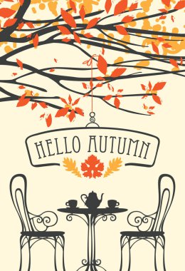 Vektör afiş ile kelime Merhaba sonbaharda retro tarzı tablo ile iki, sandalye, iki bardak ve bir su ısıtıcısı sonbahar sararmış ağacın altında için