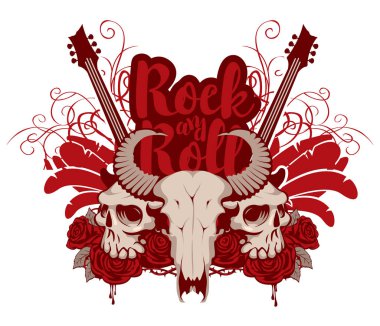 Vektör müzik afiş ile kafatası bir boynuzlu hayvan ve insan, elektro gitar, kanatlar, kırmızı gül, kan ve yazıt rock and roll damlar. T-shirt tasarım modern tarzı için yaratıcı illüstrasyon