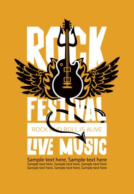 Vektör posteri veya başlığı bir elektro gitar, kanat, yangın, şeytan trident ve metin için yer ile canlı müzik Rock Festivali için. Rock and roll yaşıyor