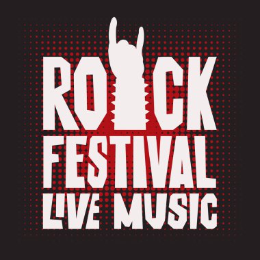 Rock el işareti siluet ve kelime Rock Festivali canlı müzik ile müzik banner. Vektör çizim, tişört tasarım modern tarzı yazı yaratıcı
