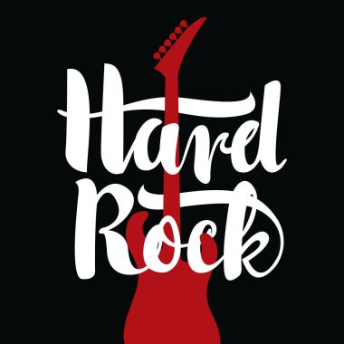 Vektör müzik afiş kaligrafi yazıt Hard Rock ve elektro gitar siyah arka plan ile. T-shirt tasarım modern tarzı için yaratıcı illüstrasyon