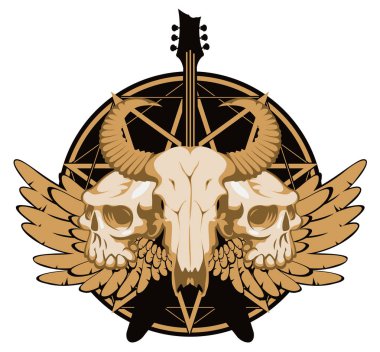 Bir boynuzlu hayvan ve insan, elektro gitar ve kanatlar şeytan yıldızı arka plan üzerinde vektör çizim kafatasları ile. T-shirt tasarım modern tarzı için yaratıcı illüstrasyon