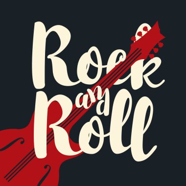 Vektör müzik afiş kaligrafi yazıt Rock and Roll ve elektro gitar siyah arka plan ile. T-shirt tasarım modern tarzı için yaratıcı illüstrasyon