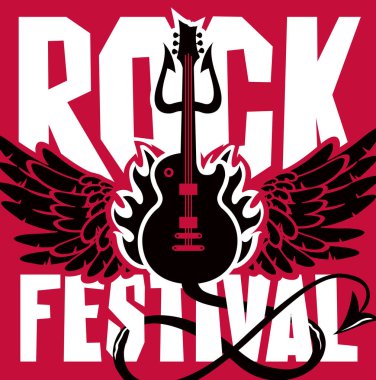 Vektör poster ya da bir elektro gitar, kanatlar, kırmızı zemin üzerine ateş ve şeytan trident ile Rock Festivali için banner