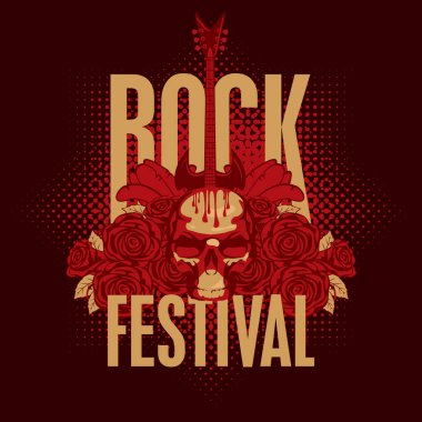 Vektör müzik afiş elektro gitar, kafatası, kan, kırmızı gül ve kelimelerin Rock Festivali damlar. T-shirt tasarım modern tarzı için yaratıcı illüstrasyon
