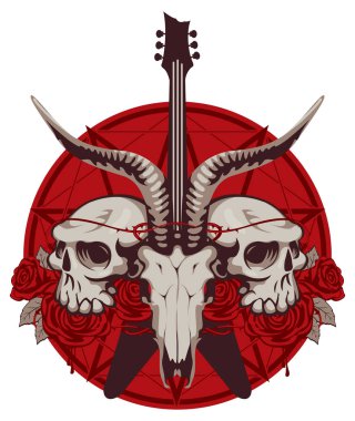 Bir boynuzlu hayvan ve insan, elektro gitar ve şeytan yıldızı arka plan üzerinde kırmızı gül vektör çizim kafatasları ile. T-shirt tasarım modern tarzı için yaratıcı illüstrasyon