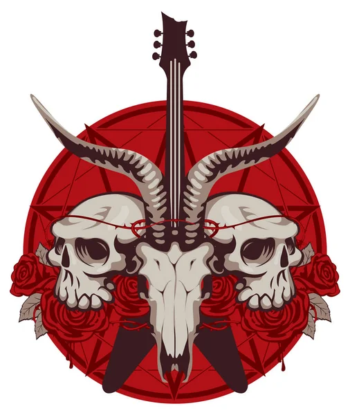 Bir boynuzlu hayvan ve insan, elektro gitar ve şeytan yıldızı arka plan üzerinde kırmızı gül vektör çizim kafatasları ile. T-shirt tasarım modern tarzı için yaratıcı illüstrasyon