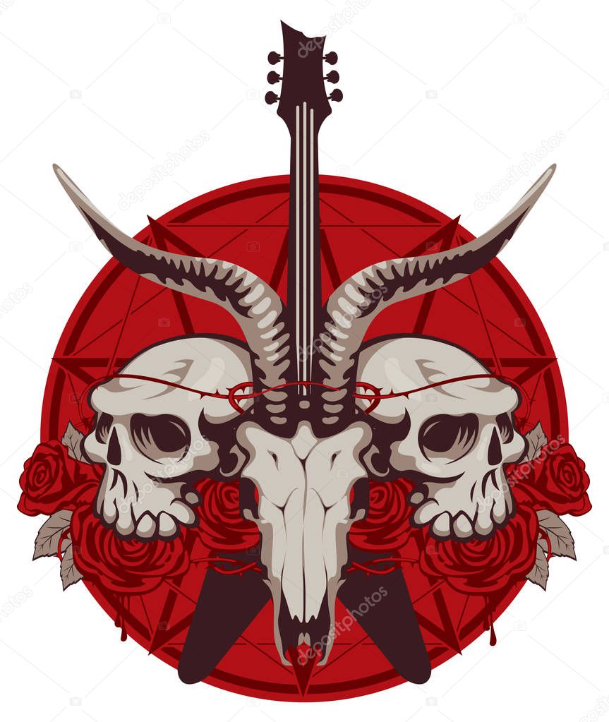 Vector illustration with skulls of a horned animal and human, electric guitar and red roses on the background of the Satan star. Creative illustration for t-shirt design in modern style