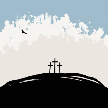 Vektör çizim üç Hıristiyan tema üzerinde Mount Calvary soyut grunge arka plan üzerinde haçlar.