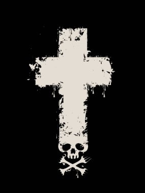 Siyah arka plan üzerine bir kafatası ve kemiklerin sprey damlacıkları ile ile mezar çapraz ile vektör çizim. T-shirt tasarım için kullanılabilir