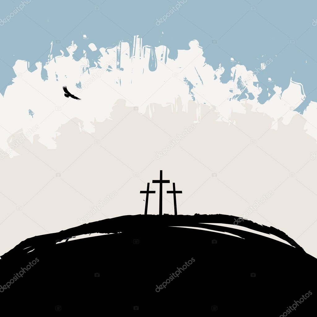 Vector illustration on Christian theme with three crosses on Mount Calvary on abstract grunge background