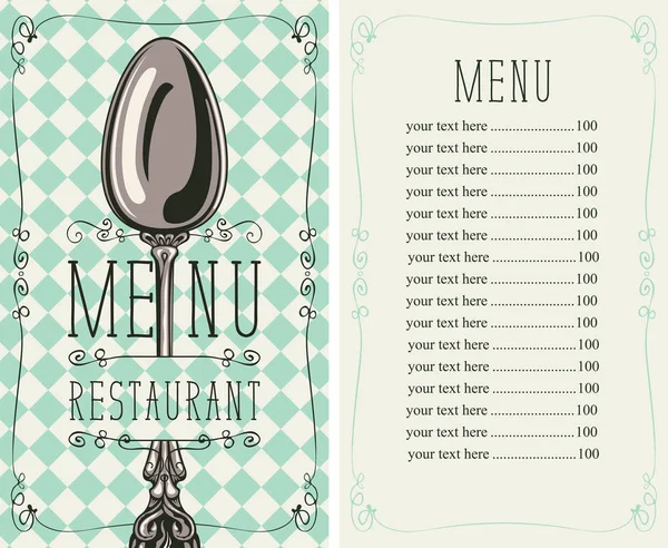 レトロなスタイルの市松模様の背景のベクトル テンプレート レストランのメニューの価格表と計算フレームで現実的なスプーン カールします — ストックベクタ
