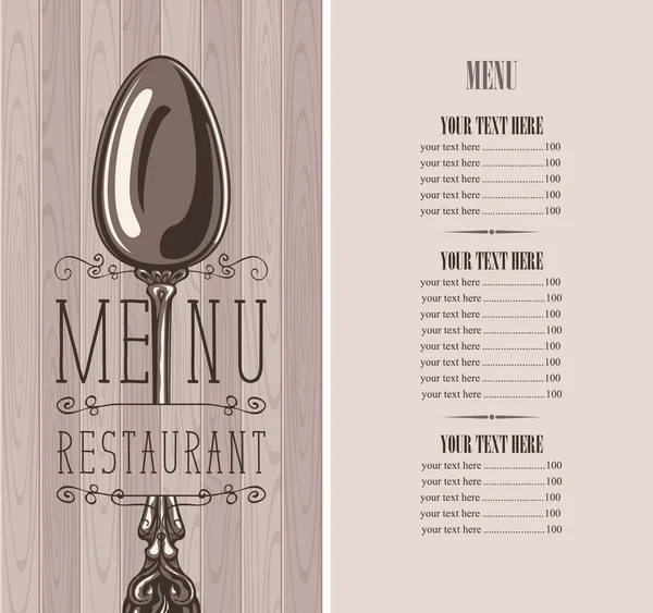 Vector Template Menu Restaurant Price List Realistic Spoon Wooden Background — Stock Vector