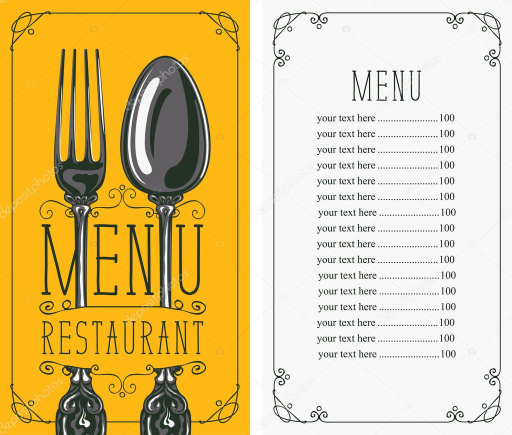 Vector template menu for restaurant with price list, realistic fork and spoon in figured frame with curls on yellow background in retro style