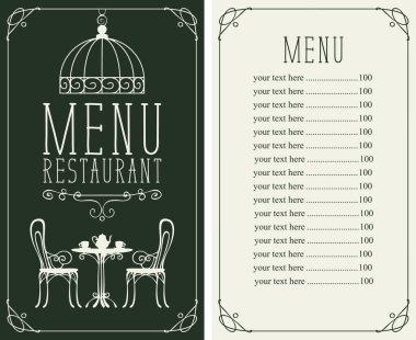 Restoran veya Cafe fiyat listesi ve bir masa, sandalye ve art Deco tarzında kıvırcık bir çerçeve içinde çay için vektör menüsü