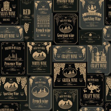 Şarap çeşitli şarap etiketleri ile tema retro tarzı üzüm, manzara, Şaraphane, kaleler, yelkenliler, meyve ve diğer görüntülerle vektör seamless modeli