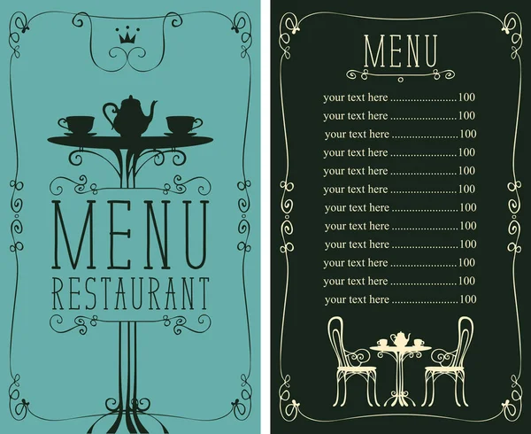 レストランまたはカフェ価格表と 椅子とアールデコ様式のカールと考え出したフレームでお茶用のテーブルのベクトル メニュー — ストックベクタ