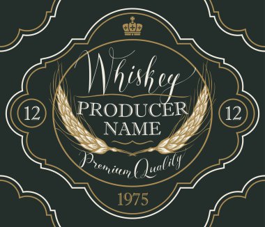 Vector label for whiskey in the figured frame with crown, ears of barley and handwritten inscription on black background in retro style clipart