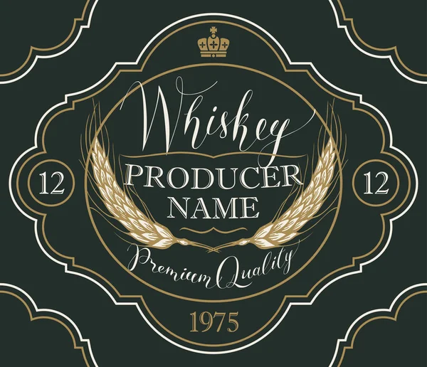 Etiquette Vectorielle Pour Whisky Dans Cadre Figuré Avec Couronne Oreilles — Image vectorielle