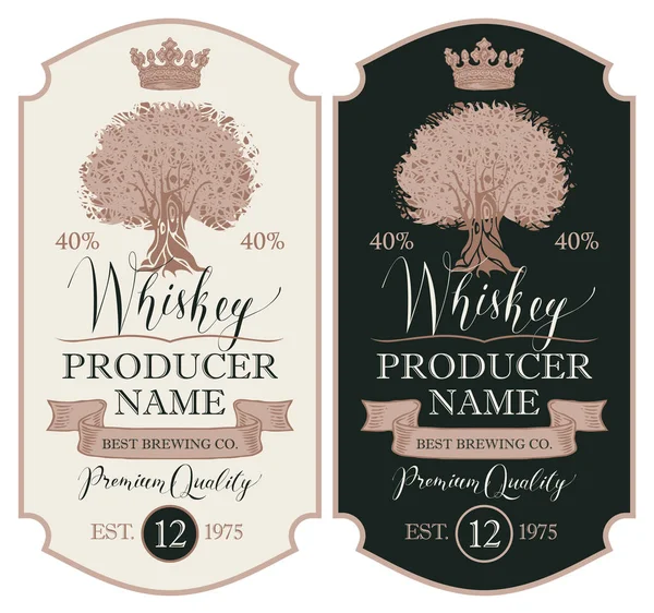 Set Due Etichette Vettoriali Whisky Alta Qualità Nella Cornice Figurata — Vettoriale Stock
