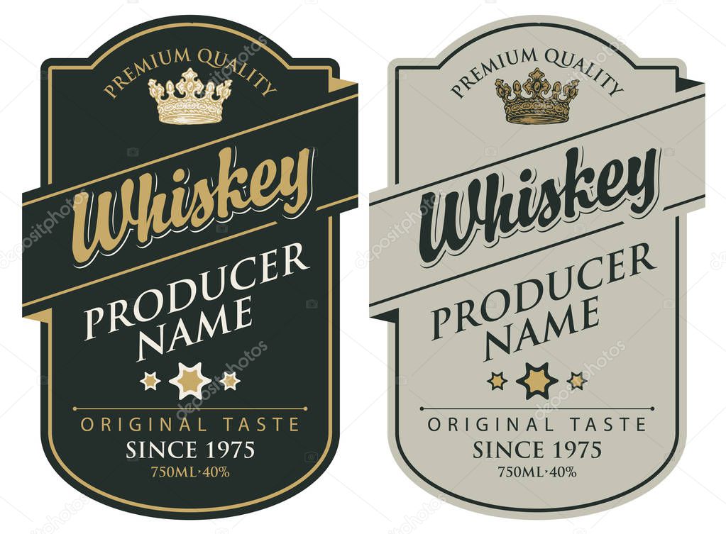 Set of two vector labels for whiskey premium quality in the figured frame with crown and calligraphic inscription in retro style