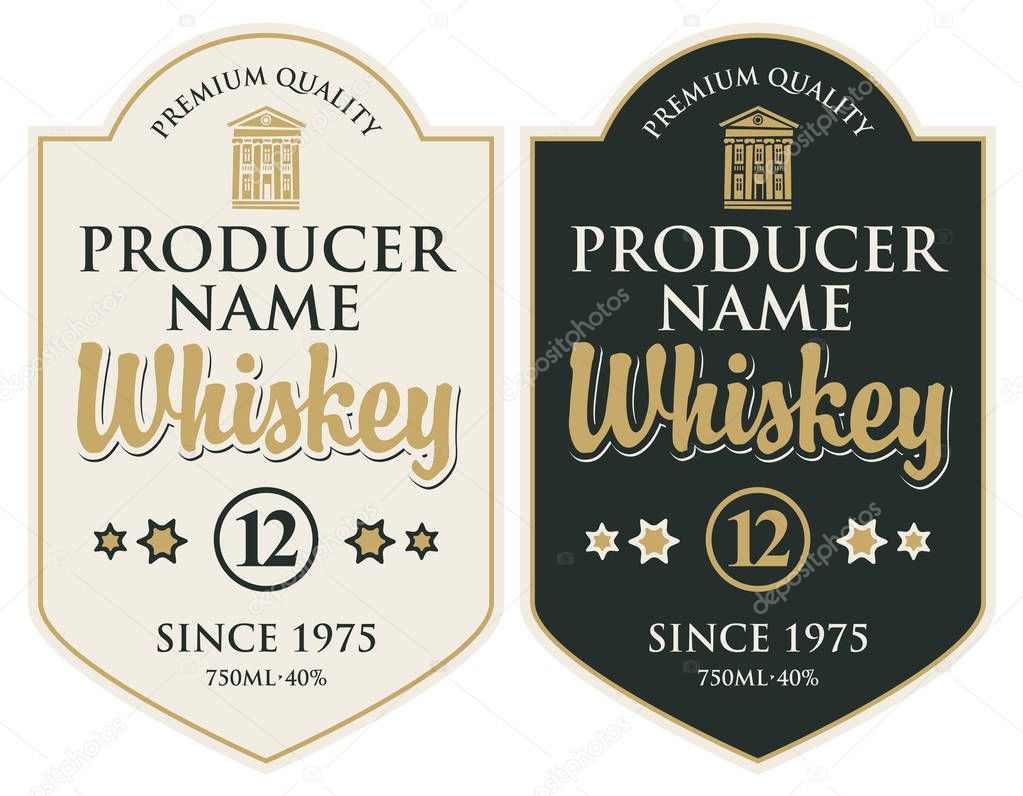 Set of two vector labels for whiskey premium quality in the figured frame with old building and calligraphic inscription in retro style