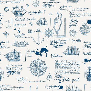 Vektör sorunsuz arka plan Tema seyahat, macera ve keşif. Caravels, Rüzgar gülü, çapa ve diğer deniz sembolleri ile eski el yazması engelliyor ve vintage tarzı lekeleri