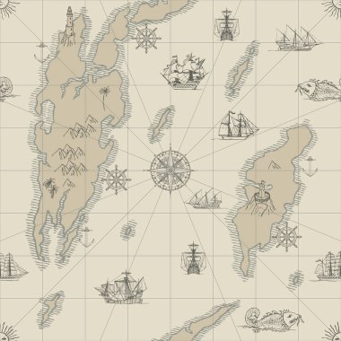 Vektör sorunsuz arka plan Tema seyahat, macera ve keşif. Eski el harita mahsul Yelkenli Yatlar, Rüzgar gülü ve deniz sembolleri çizilmiş.