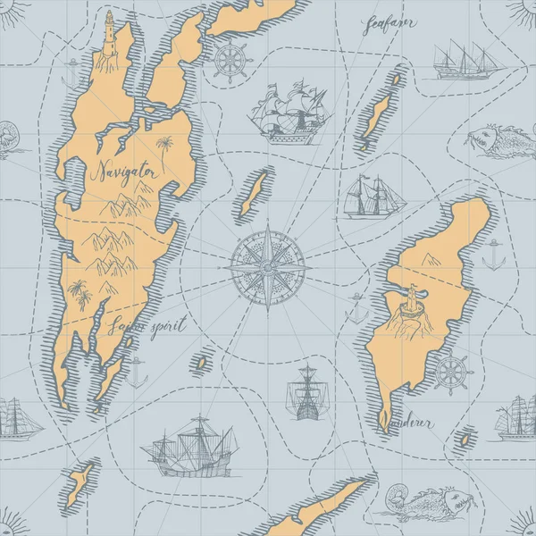 ベクトル旅行 冒険と発見をテーマに抽象的なシームレスな背景 手書きの碑文 航海記号ロウツ ウィンド ローズ ビンテージ セーリング ヨットで古い手描きの地図 — ストックベクタ