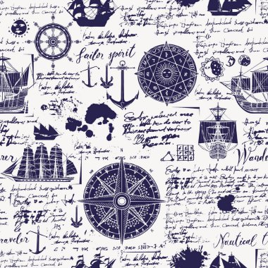 Vektör sorunsuz arka plan Tema seyahat, macera ve keşif. Caravels, Rüzgar gülü, çapa ve diğer deniz sembolleri ile eski el yazması engelliyor ve vintage tarzı lekeleri