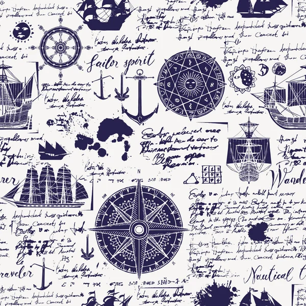 矢量抽象无缝背景的主题旅行 探险和发现 旧手稿与 Caravels 风玫瑰 锚和其他航海符号的印迹和污点的老式风格 — 图库矢量图片