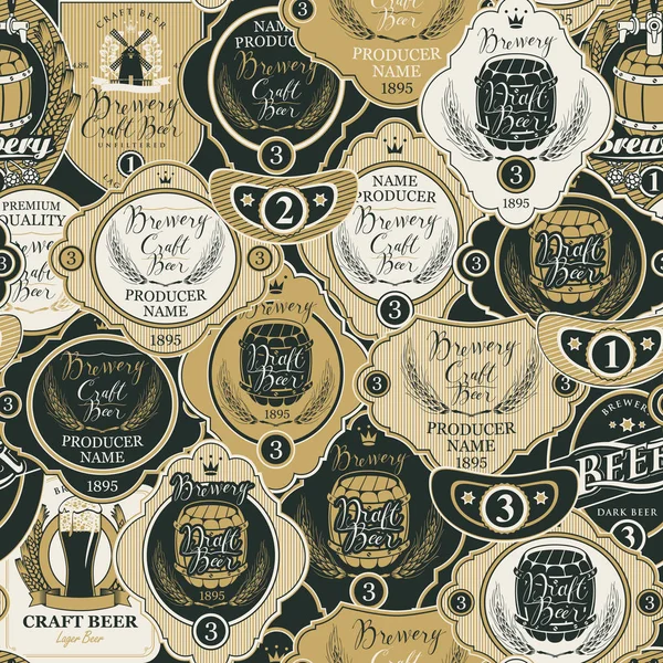 Vector seamless pattern on the theme of beer with various beer labels with images of wooden barrels, ears of barley, beer glasses, mills and other in retro style
