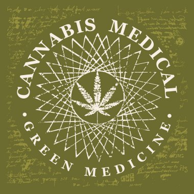 Vektör afiş soyut eski papirüs arka plan veya grunge tarzı el yazması olarak kenevir yaprak desenli tıbbi esrar için. Organik kenevir yapılmış yeşil tıp doğal ürün